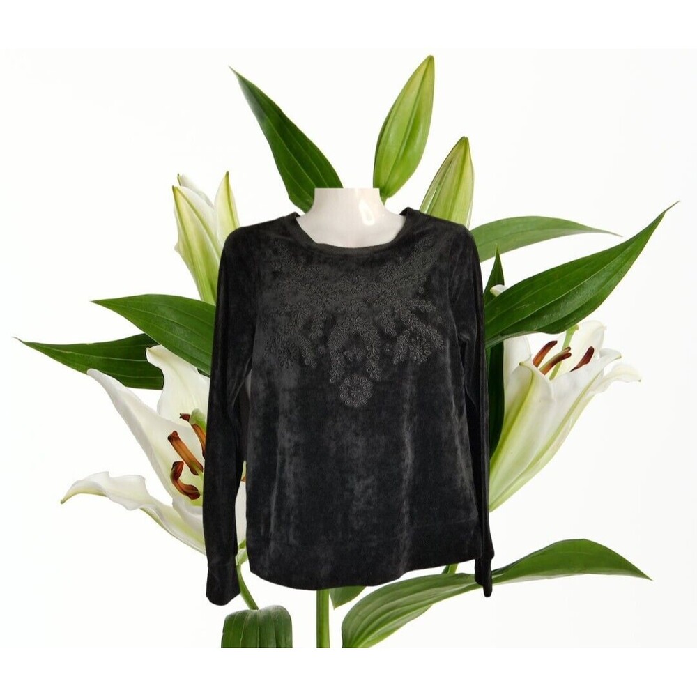 Lilly Pulitzer Velour Top Black Embroidered Long Sleeve Crew Neck Size XXS